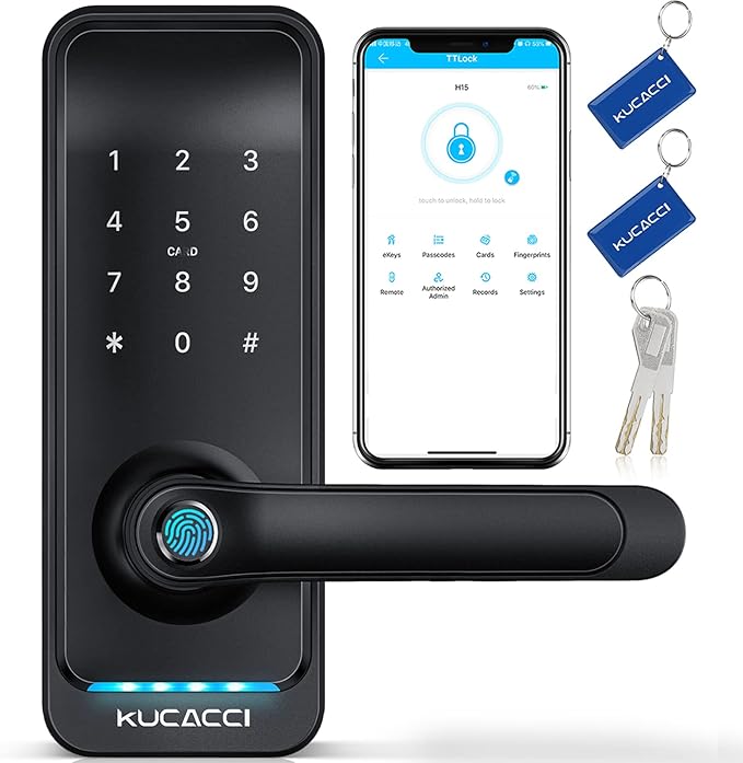 Smart Door Lock with Handle: Kucacci Keyless Entry Digital Door Lock for Front Door - Fingerprint Keypad Smart Dnob - Generate Passcode Remotely - App Control - Easy Installation(Black)