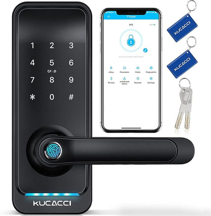 Smart Door Lock with Handle: Kucacci Keyless Entry Digital Door Lock for Front Door - Fingerprint Keypad Smart Dnob - Generate Passcode Remotely - App Control - Easy Installation(Black)