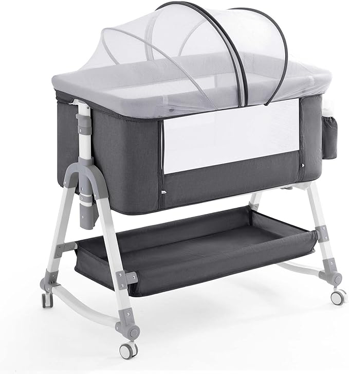 4 in 1 Baby Bassinet, Rocking Bassinets Bedside Sleeper with Comfy Mattress and Wheels, Height Adjustable Easy Folding Portable Bedside Crib for Newborn Infant,Dark Gray