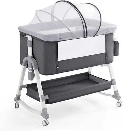4 in 1 Baby Bassinet, Rocking Bassinets Bedside Sleeper with Comfy Mattress and Wheels, Height Adjustable Easy Folding Portable Bedside Crib for Newborn Infant,Dark Gray