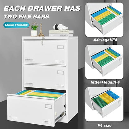 3 Drawer Lateral Lock and Card Holder, Multifunctional Metal Filing Cabinets w/Heavy 3 Section Slide Rail & Breathable Holes,for Legal/Letter/A4,White