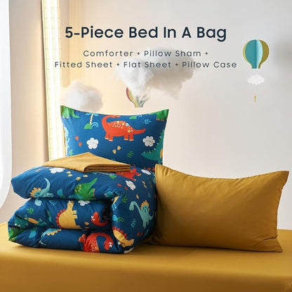 Wake In Cloud - Dinosaur Bedding Set for Boys, Cute Colorful Dinosaur Comforter Set with Sheets, 5 Pieces Kids Bed in a Bag, Navy Blue, Twin Size