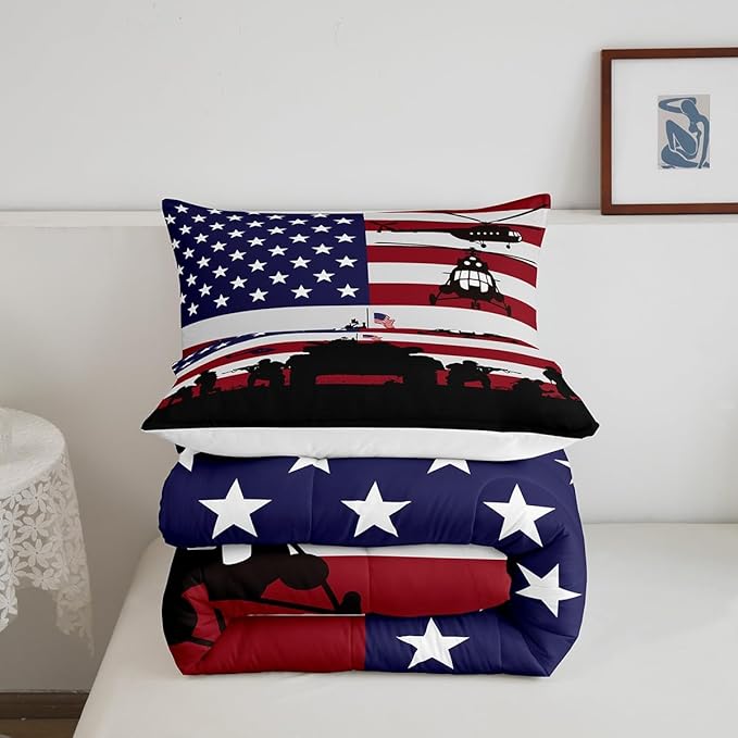 American Flag Comforter Set for Girls Kids Boys Men Soldier Rifle Helicopter Tank Bedding Set Red Blue Stars Stripes USA Flag Comforter Room Decor Army Guns Military Down Comforter King Size Boys