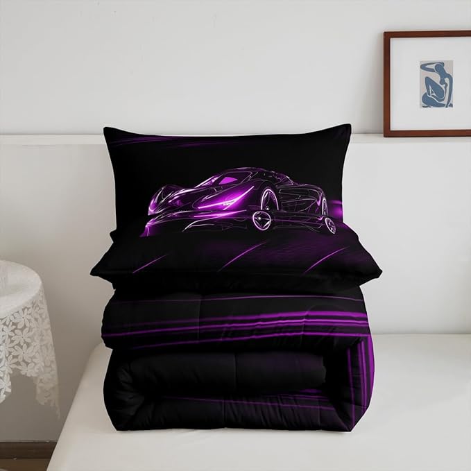 Feelyou Purple Race Car Bedding Set Twin Size for Kids Boys Extreme Sport Games Comforter Set Teens Toddler Fast and Furious Duvet Set Cool Modern Quilt Set 2Pcs