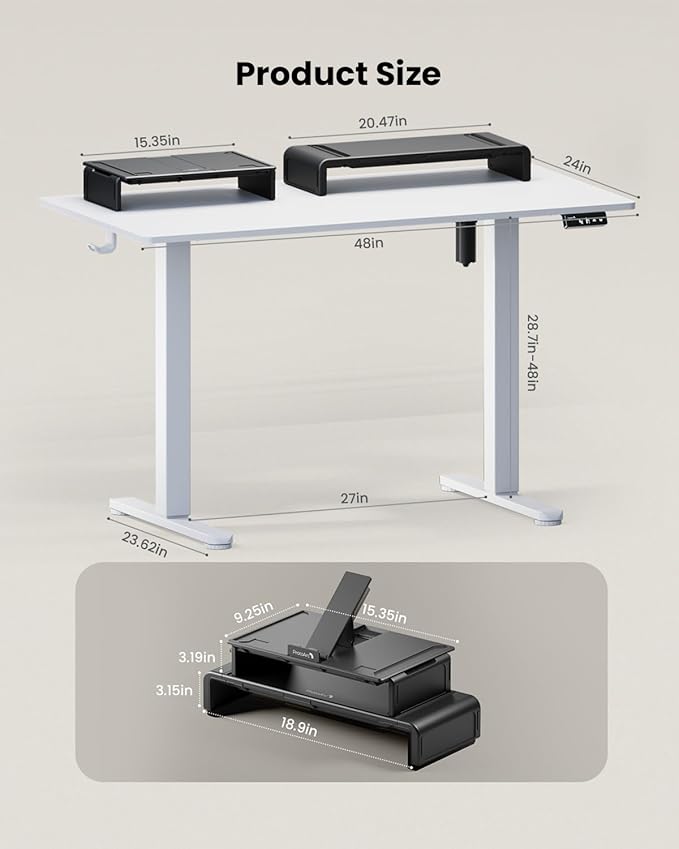 ProtoArc Standing Desk with Dual Monitor Stand Riser, 48 x 24 Inches Height Adjustable Desk with Storage, Electric Stand up Desk with Laptop Stand (Black/White)