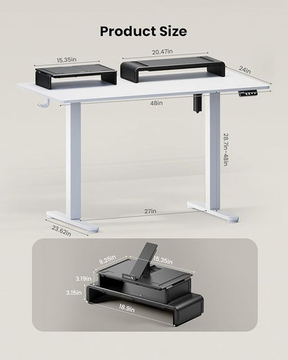 ProtoArc Standing Desk with Dual Monitor Stand Riser, 48 x 24 Inches Height Adjustable Desk with Storage, Electric Stand up Desk with Laptop Stand (Black/White)
