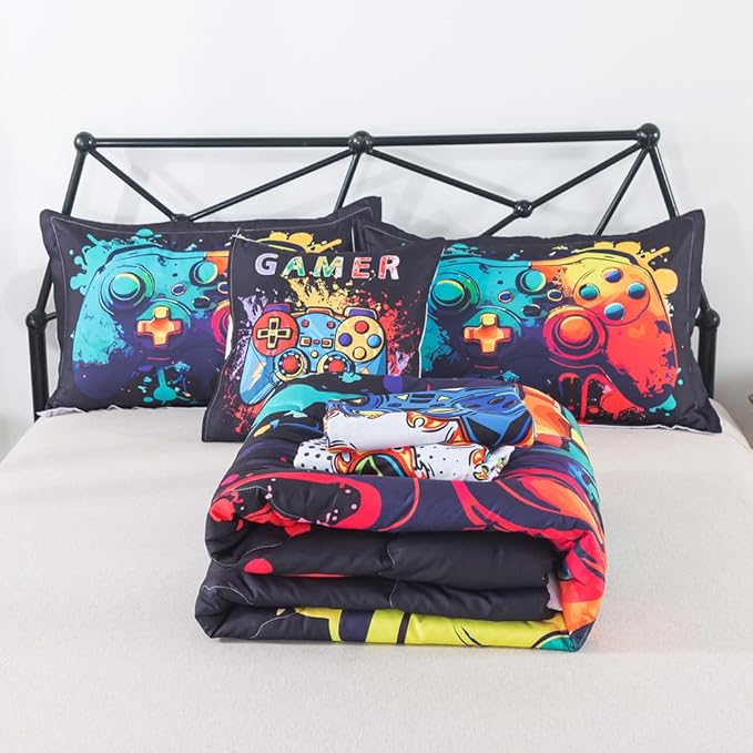 ADASMILE A & S Gamer Comforter Sets for Boys Teens 6 Pieces Gaming Bedding Set Twin Size Colorful Video Game Gaming Comforter for Kids Gamer Bed in A Bag Comforter with Gamer Sheets Home Decor