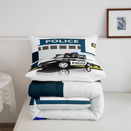 Children Police Car Comforter Set, 3D Car Pattern Down Comforter Full Size for Kids Boys Girls Teens Bedroom, Cartoon Automobile Quilted Duvet, Decorative 3 Piece Bedding Set with 2 Pillow Cases