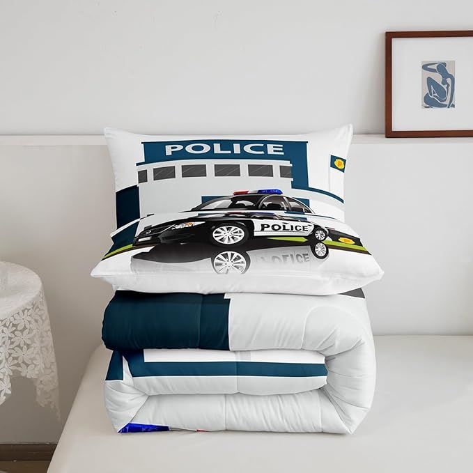 Erosebridal Police Car Comforter Sets King Size, Policeman Boys Bedding Set for Kids Boys Children Teens Bedroom Decor, Polica Vehicle Quilt Cartoon Automobile Duvet Insert with 2 Pillow Cases