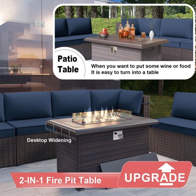 15 PCS Patio Furniture Set with Fire Pit Table Outdoor Sectional Furniture Outdoor Rattan Patio Sofa Conversation Sets with 43in 55,000 BTU Propane Gas Fire Pit Table, Navy Blue