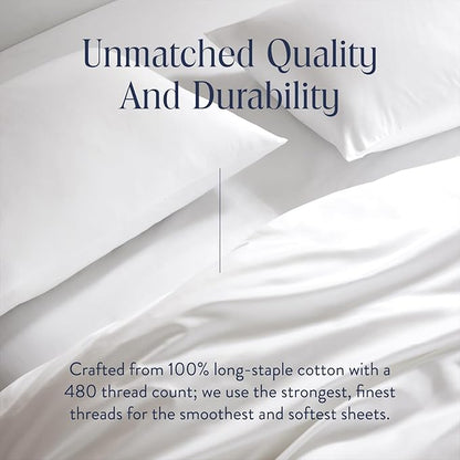 Brooklinen Luxury Sateen 4 Piece Twin XL Sheets Set in White - 100% Cotton Sateen Sheets - 1 Fitted Sheet, 1 Flat Sheet, 2 Pillowcases - Best Luxury Sheets