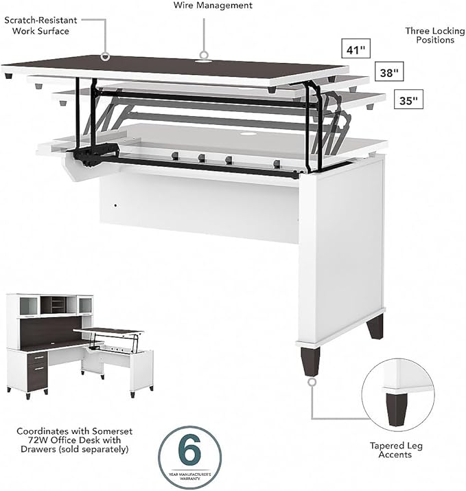 Bush Furniture Somerset 72W 3 Position Sit to Stand L Shaped Desk with Hutch in White and Storm Gray