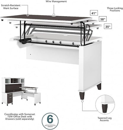 Bush Furniture Somerset 72W 3 Position Sit to Stand L Shaped Desk with Hutch in White and Storm Gray