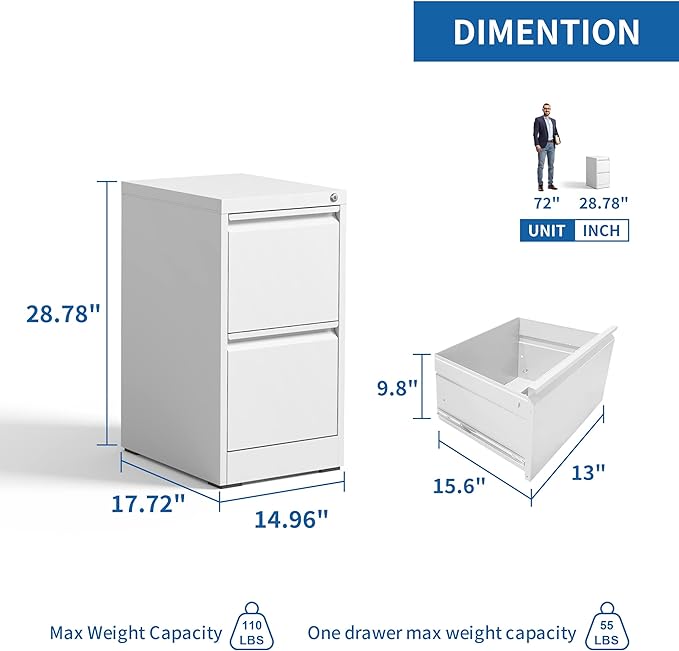 Vertical File Cabinet with Drawer, 2 Drawer File Cabinet with Lock, Filing Cabinets for Home Office, Hanging Files for A4/ Legal/Letter, White