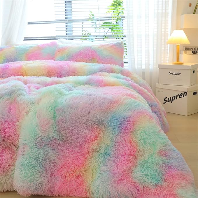Faux Fur Kids Girls Rainbow Comforter Sets King - 3PC Bed Set Warm Comfortable Soft Plush Flannel Velvet Fluffy Fuzzy Bedding（Comforter x 1 Pillowcases x 2）