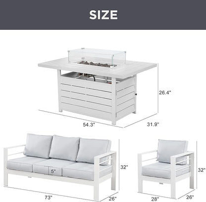 Wisteria Lane Aluminum Patio Furniture Set, 4 Pcs Metal Outdoor Furniture Set with CSA Certified 54in Propane Gas Fire Pit Table, Patio Conversation Set with 5in Olefin Cover Cushions, White