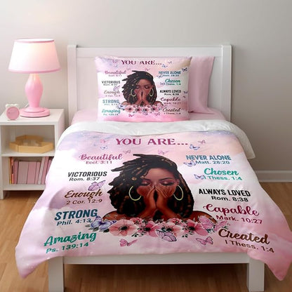 Twin Size Comforter Set with Powerful Quotes from Girls,3 Pieces Featuring African-American Girl - Ideal Gift Bedding for Teens and Women Pink White