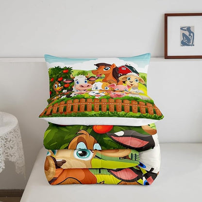 Kids Cartoon Comforter Set Toddler Cute Farm Animals Comforter Cattle Sheep Pigs Dogs Horses Bedding Set for Boys Girls Children Farmhouse Duvet Set Ultra Soft Room Decor Full Size Colorful Quilt Set