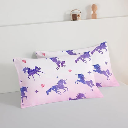 HOSIMA Kawaii Unicorn Comforter,Purple Unicorn with Stars and Love Heart Princess Toddler Bedding Set-Soft Microfiber Twin Bed in a Bag,Fairycore Room Decor Pink Twin Comforter with 2 Pillowcases.