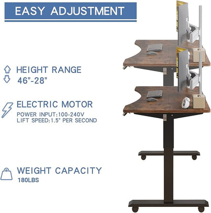 Mobile Rolling Electric Standing Desk Height Adjustable, 55 x 30 Inches Sit to Stand Desk with Splice Board, Black Frame/Rustic Brown Top