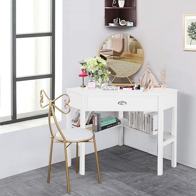 Nightcore Small, Wood Computer Desk, Compact Writing w/Drawer & Storage Shelves, Space Saving Study Workstation, Laptop PC Corner Table, White