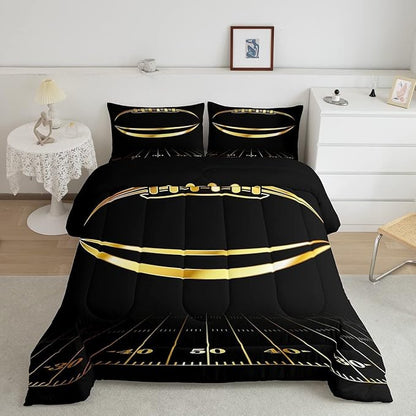 Feelyou Football Bedding Set King Kids Rugby Sports Comforter Set American Football Comforter Set for Boys Golden Black Room Decor Quilt with 2 Pillow Case Boys