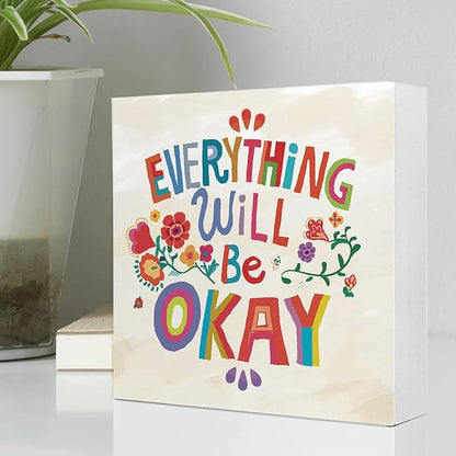 Ruvoty Everything Will Be Okay Colorful Word Art Wooden Sign Desk Decor,Inspirational Wood Block Sign Desk Decorations for Home Bedroom Dorm Office Desk Shelf Table Decor