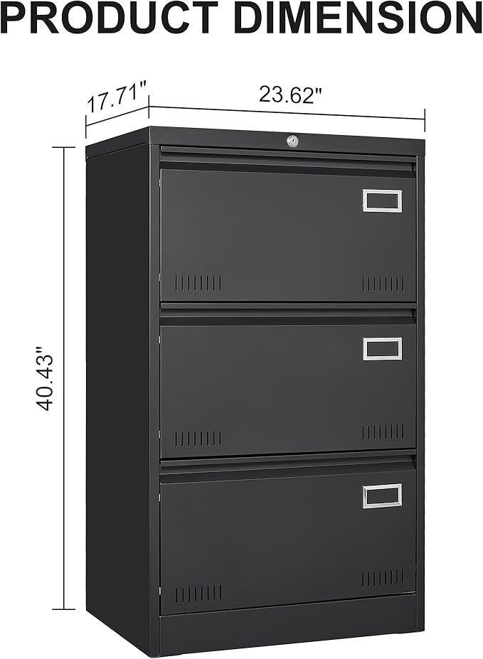 3 Drawer Lateral Lock and Card Holder, Multifunctional Metal Filing Cabinets w/Heavy 3 Section Slide Rail & Breathable Holes,for Legal/Letter/A4,Black