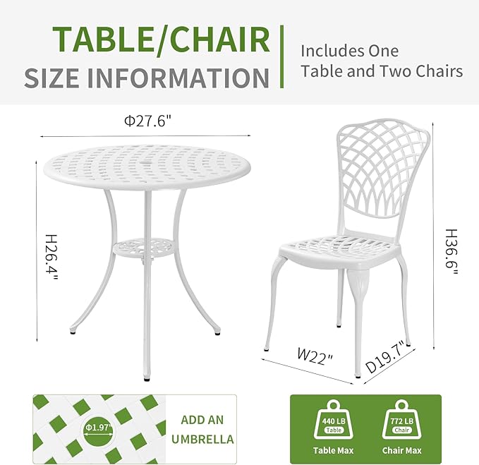 3 Piece Outdoor Bistro Set, Cast Aluminum Bistro Table and Chairs, Rust-Resistant Patio Furniture Set, White Bistro Set 3 Piece Outdoor for Garden, Backyard, Balcony