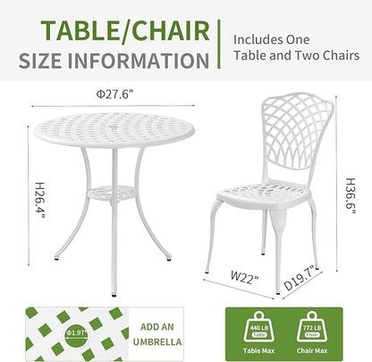 3 Piece Outdoor Bistro Set, Cast Aluminum Bistro Table and Chairs, Rust-Resistant Patio Furniture Set, White Bistro Set 3 Piece Outdoor for Garden, Backyard, Balcony
