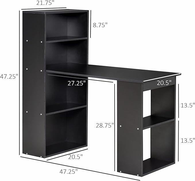 HOMCOM Modern Home Office Desk with 6-Tier Storage Shelves, 47" Writing Table with Bookshelf, Black