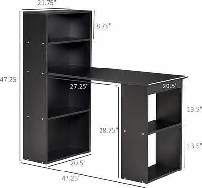 HOMCOM Modern Home Office Desk with 6-Tier Storage Shelves, 47" Writing Table with Bookshelf, Black