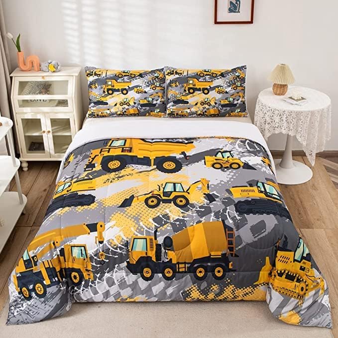 Feelyou Boys Construction Bedding Set King Size Comforter for Boys Kids Tractor Comforter Set Toddler Construction Decorations Car Bed for Boys Cartoon Excavator Trucks Quilt Set with 2 Pillow Cases