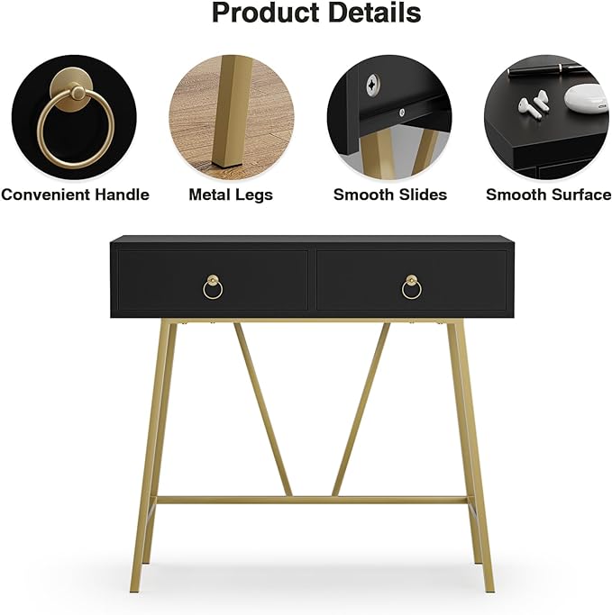 Anmytek Home Office Desk Black Writing Desk with 2 Drawers Modern & Simple Makeup Vanity Study Table Small Computer Desk, D0007