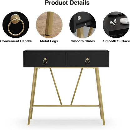 Anmytek Home Office Desk Black Writing Desk with 2 Drawers Modern & Simple Makeup Vanity Study Table Small Computer Desk, D0007