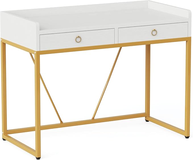 Tribesigns White Gold Computer Desk with 2 Drawers, Modern Desk 41.3 inch Simple Study Writing Desks with Storage, White Gold Makeup Vanity Desk for Home Office Bedroom Console Table