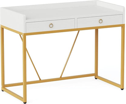 Tribesigns White Gold Computer Desk with 2 Drawers, Modern Desk 41.3 inch Simple Study Writing Desks with Storage, White Gold Makeup Vanity Desk for Home Office Bedroom Console Table