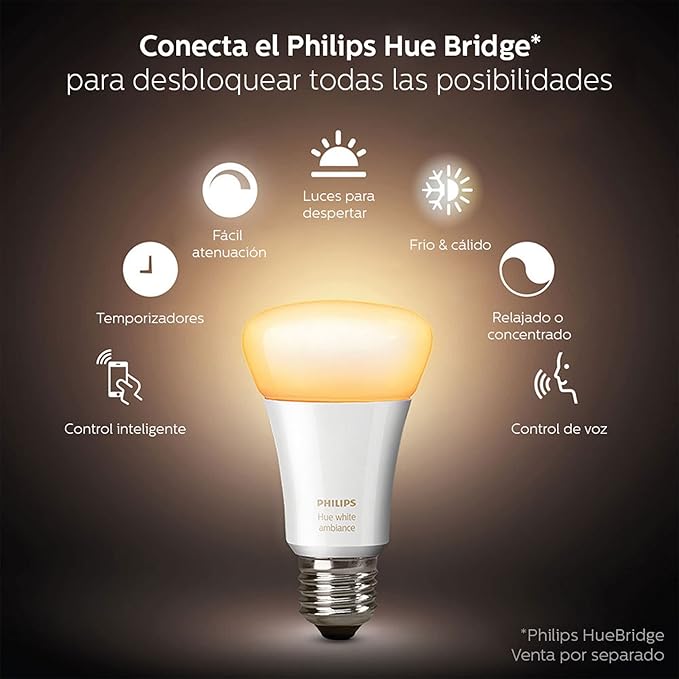 Philips Hue Smart 100W A21 LED Bulb - White Ambiance Warm-to-Cool White Light - 1 Pack - 1600LM & Smart 75W A19 LED Bulb - White and Color Ambiance Color-Changing Light - 1 Pack
