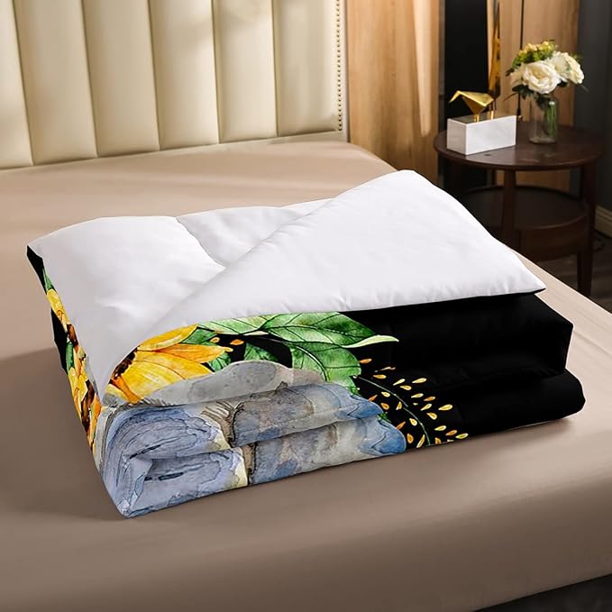 Elephant Comforter Set, Yellow Sunflower Down Comforter Full Size for Kids Girls Teens Adult Bedroom Decor, African Safari Animal Duvet Sets Floral Petal Country Bedding Set with 2 Pillow Cases