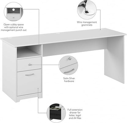 Bush Furniture Cabot Desks for Home Office with Storage and Chrome Hardware | Elegant Computer Table with Drawers, 72W, White