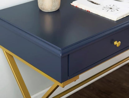 Linon Campaign Desk Navy with Gold Legs, Blue
