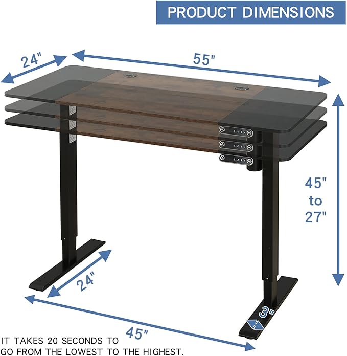 Adjustable Height Electric Standing Desk, 55 x 24 Inch Sit Stand Computer Desk with Lockable Casters, Stand Up Desk Table for Home Office, Black Frame/Rustic Brown + Black Top