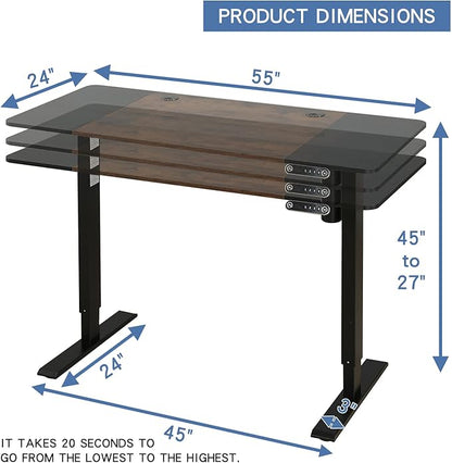 Adjustable Height Electric Standing Desk, 55 x 24 Inch Sit Stand Computer Desk with Lockable Casters, Stand Up Desk Table for Home Office, Black Frame/Rustic Brown + Black Top