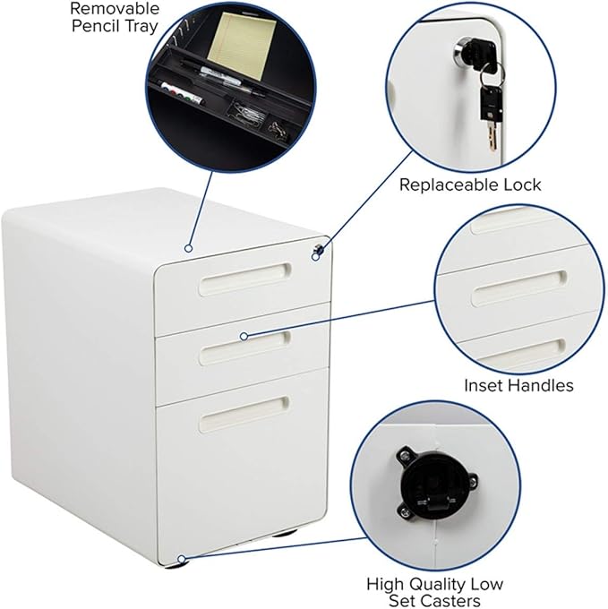 Flash Furniture Wren Ergonomic 3-Drawer Mobile Locking Filing Cabinet with Anti-Tilt Mechanism and Hanging Drawer for Legal & Letter Files, White