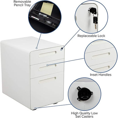 Flash Furniture Wren Ergonomic 3-Drawer Mobile Locking Filing Cabinet with Anti-Tilt Mechanism and Hanging Drawer for Legal & Letter Files, White