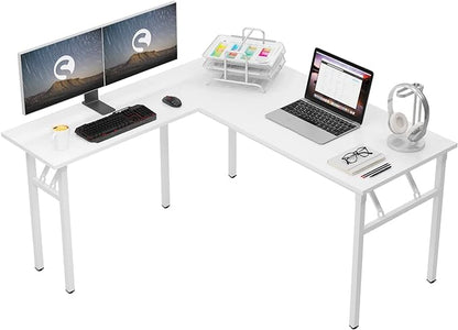 DlandHome L-Shaped Folding Computer Desk 55inches and 55inches Left and Right Adjustable Half-Installed Home Office Workstation Corner Table,White +White