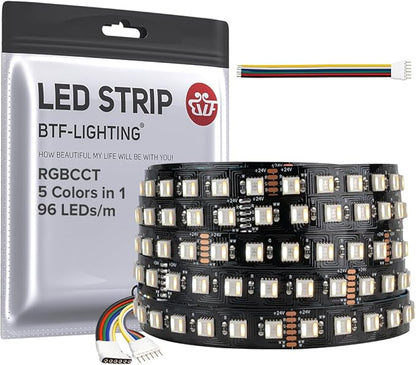 BTF-LIGHTING RGBCCT 5 Colors in 1 LED Tape Lights 5050SMD RGBWW RGB+Dimmable Color Temperature 2700K-6500K 16.4ft 96LED/m 480LED IP30 DC24V Black PCB for Home Decoration(No Adapter or Controller)