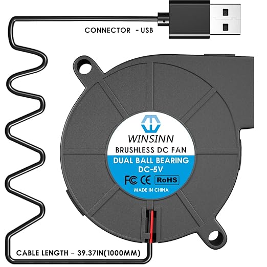 WINSINN 50mm 5015 Tiny Cooling USB Blower Fan 5V, 50mm Micro Mini USB 5 Volt Fans Blower Turbine Turbo Dual Ball Bearing, 1000mm/39in Cable Brushless Cooling 50mmx15mm (Pack of 4Pcs)