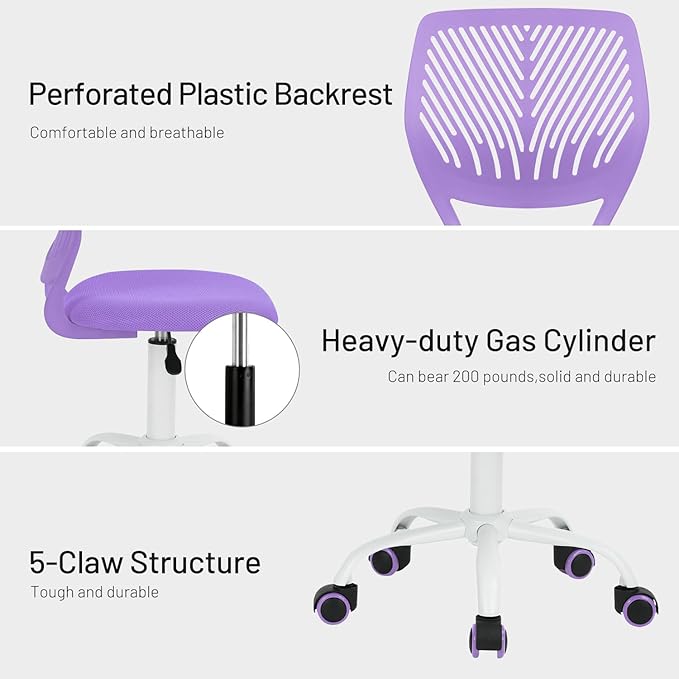FurnitureR Desk Chair Small Study Chairs Armless for Child Kids Teens, Swivel Rolling Lightweight Mid Back Task Chair with Wheels and Mesh Padded Cushion, Purple