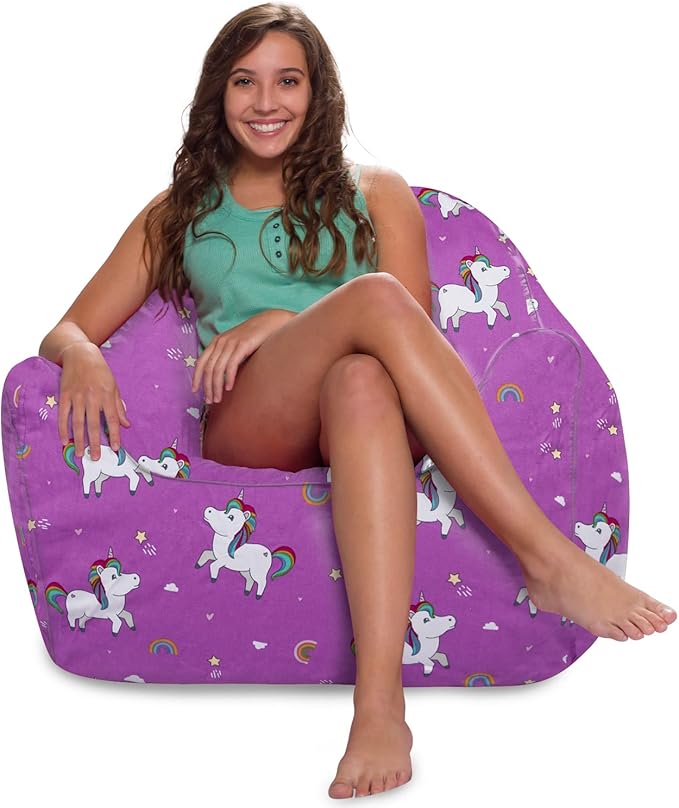 Posh Creations Structured Comfy Bean Bag Chair for Gaming, Reading, and Watching TV, Malibu Lounge, Canvas - Unicorn and Rainbows on Purple
